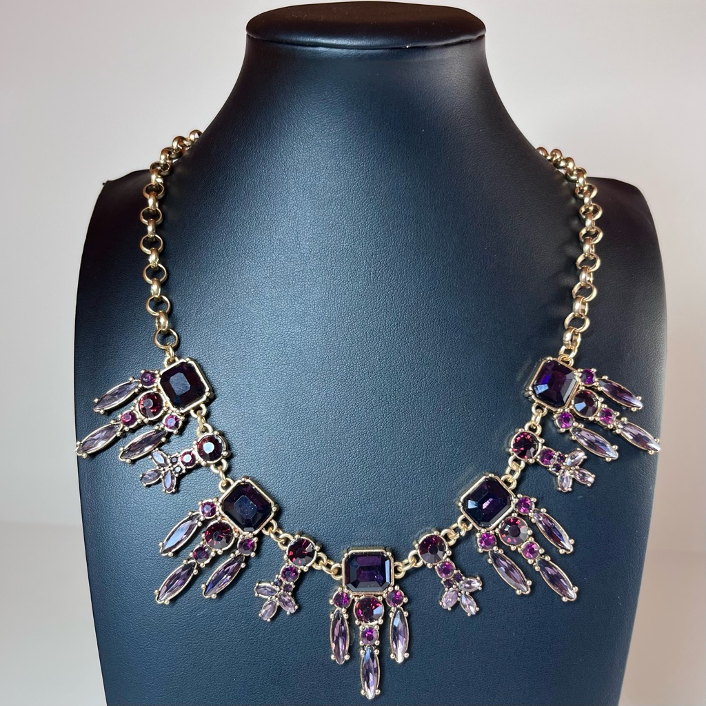 Iman Elegant Glass Crystal Art Deco Purple / Gold Statement Necklace